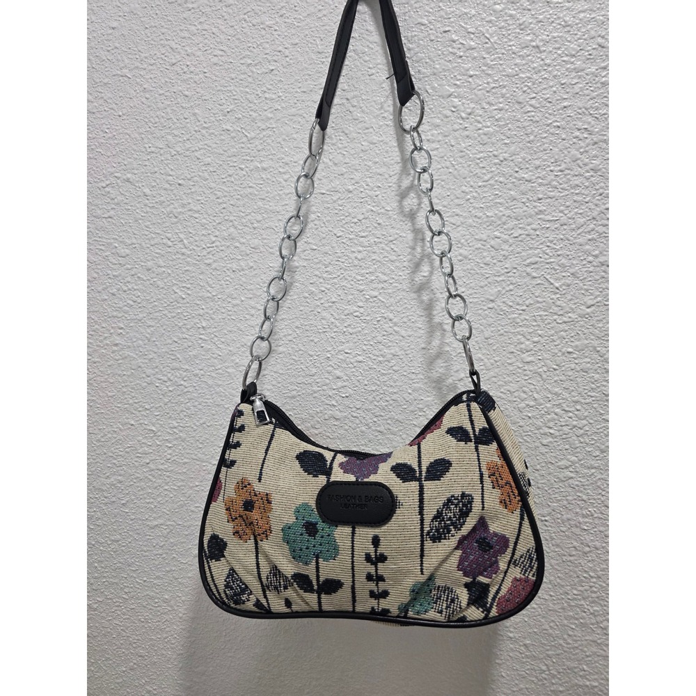 Faux Leather Floral Tapestry Baguette Shoulder Bag Cream Black Chain